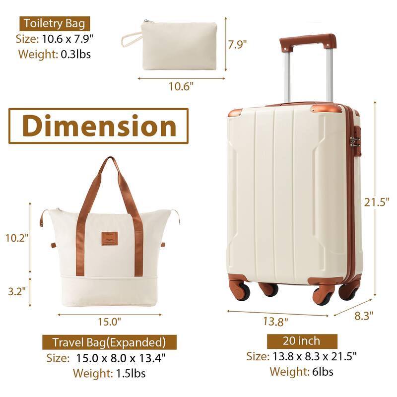 Hardshell Luggage 3-Piece Set with Expandable Storage Combination Lock and Telescopic Handle, for Boarding Travel