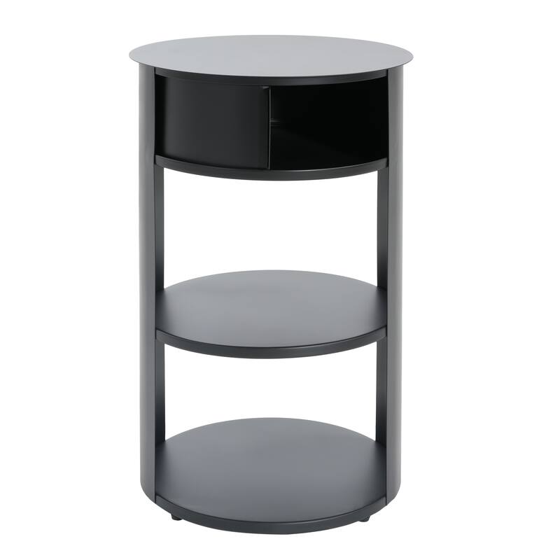 Indoor 3-Tier Metal Round Side Table with Sliding Door Cabinet