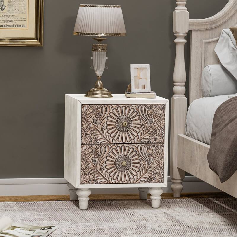 SUNBURY Vintage Solid Wood Nightstand with Drawer - Daisy - 2-drawer