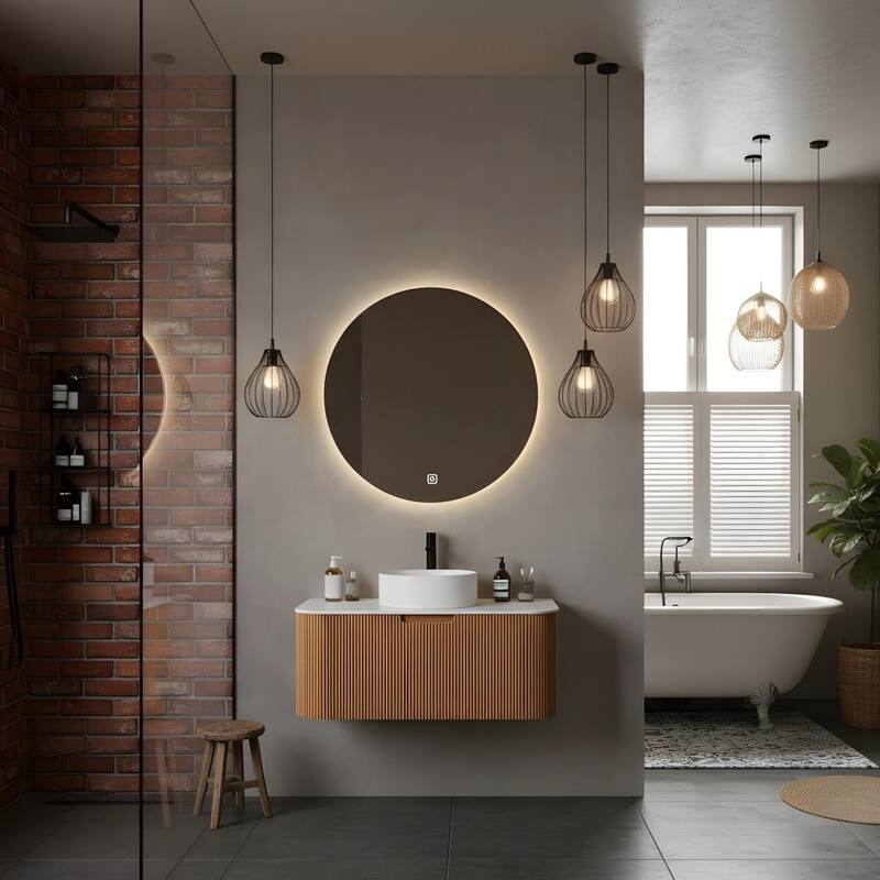 Wall Mounted Bathroom with White Round Ceramic Basin and Drawer - Natural Wood - 36