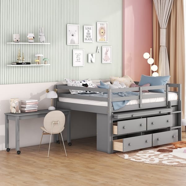 slide 2 of 9, Gray Full Loft Bed with Retractable Desk & Drawers