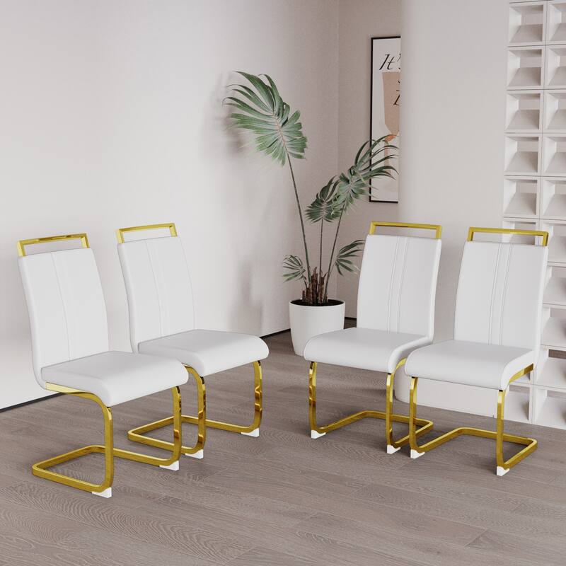 Modern Style Faux Leather High Back Dining Chairs Set of 4 with Golden Metal Legs for Dining Room