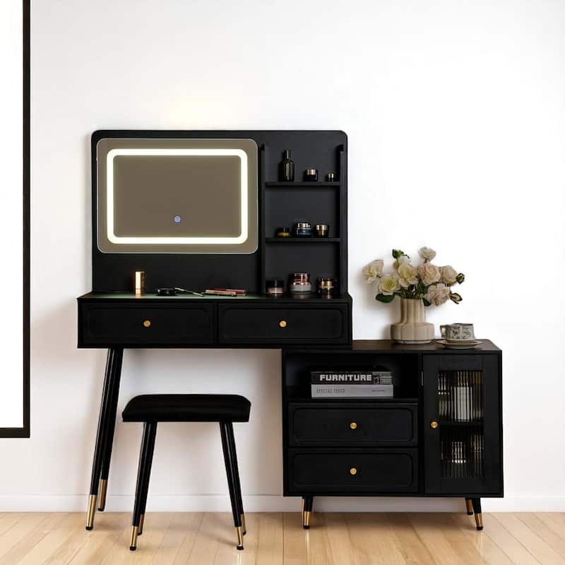 Makeup Vanity with Mirror, LED Light Modes, Built-in Charging Ports, Drawers & Cabinet, Compact Adjustable Desk - Black