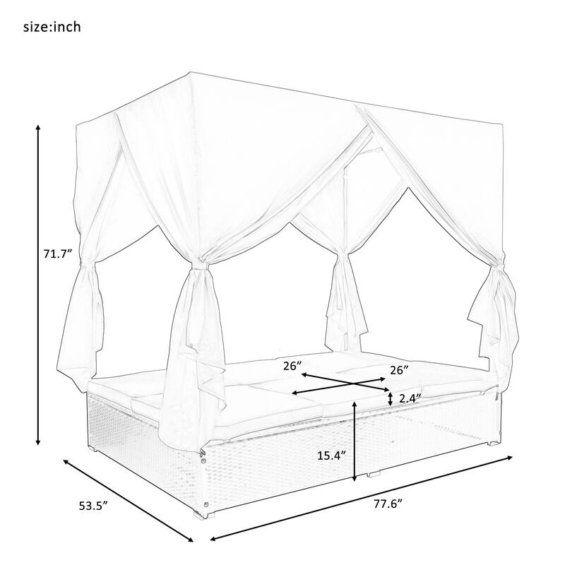 Sunbed Daybed Outdoor Patio Wicker Sunbed with Canopy and Curtains