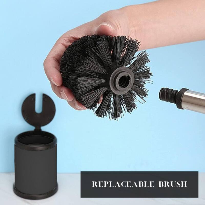 Black Toilet Brush Set with Stainless Steel Handle, Folding Lid and Removable Insert - 15 inches H x 4.8" Diam