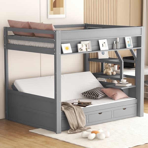 slide 2 of 18, Full Over Full Bunk Bed with Storage Staircase & 3 Drawers, Convertible Wooden Bunk Bed Frame w/Safety Guardrail for Kids Teens Grey - Full