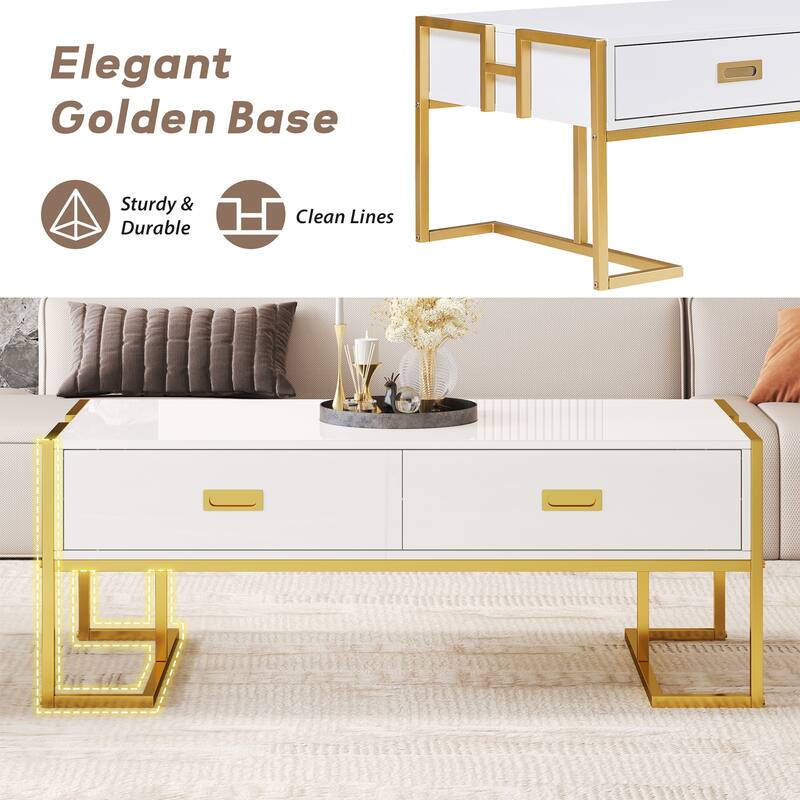 Roomfitters Modern Rectangular Coffee Table with Gold Base, 4 Storage Drawers, High Gloss Finish, 47.3"