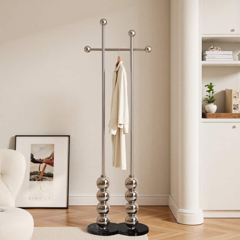 Metal Freestanding Coat Rack with Heavy Duty Marble Base - 70"H x 19.7"W (top) × 17.7"(base) x 9.8"D - Silver