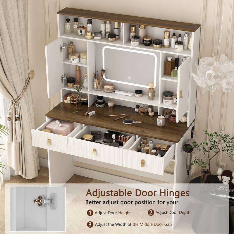 43 Inch Farmhouse Makeup Vanity Table with Lighted Mirror, 3 Drawers and Hair Dryer Holder for Bedroom