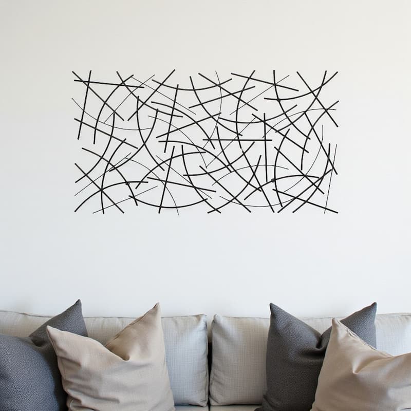 HomeRoots 24" X 44" Black Abstract Lines Metal Hanging Dimensional Sculpture - Black - 44.25 in. x 24.25 in.  x 1.50 in.