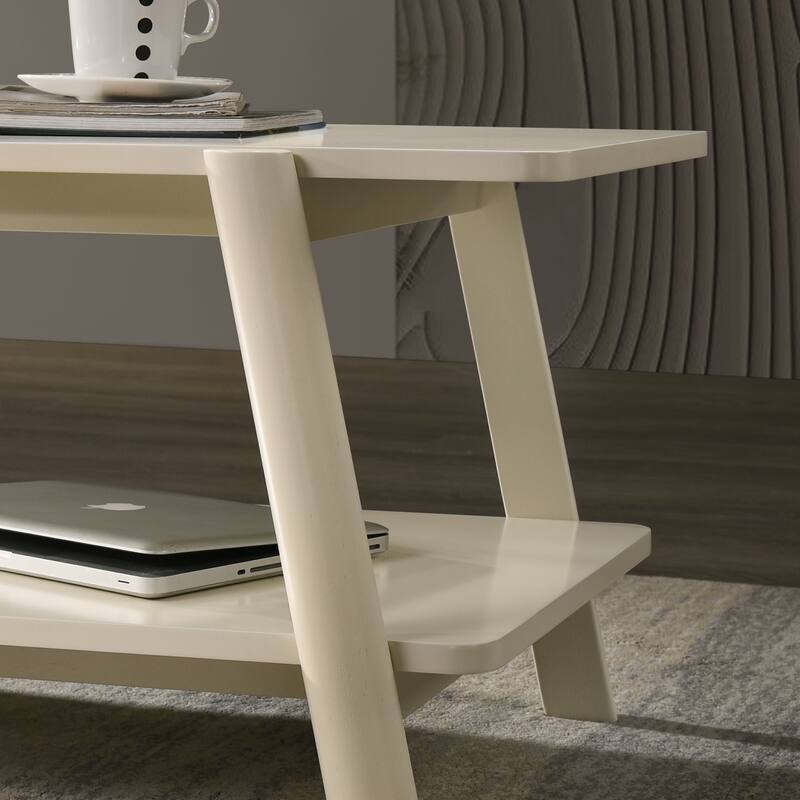 Mid-Century Modern Wood Shelf End Table, Off-White Finish