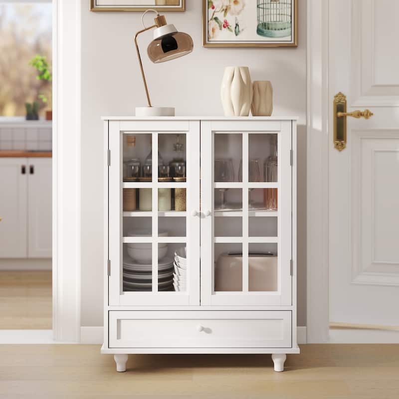Anmytek Modern White Buffet Cabinet with Glass Doors and Drawer Wooden Storage Sideboard for Dining Room