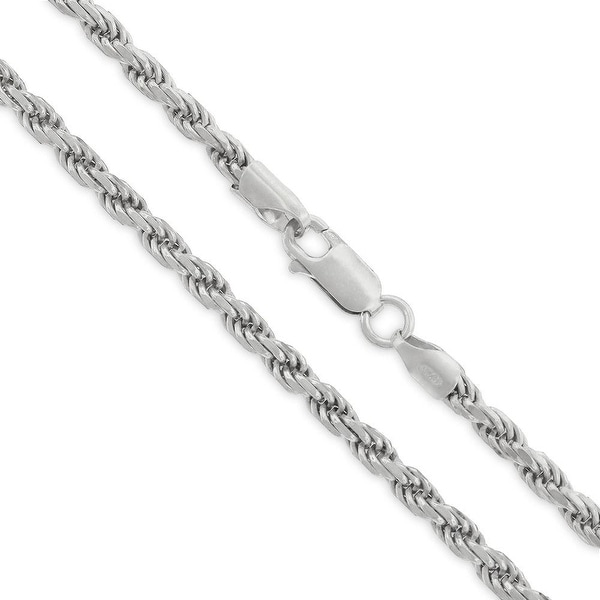 Solid Sterling Silver Rhodium Plated 4 Millimeter Rope Chain Necklace