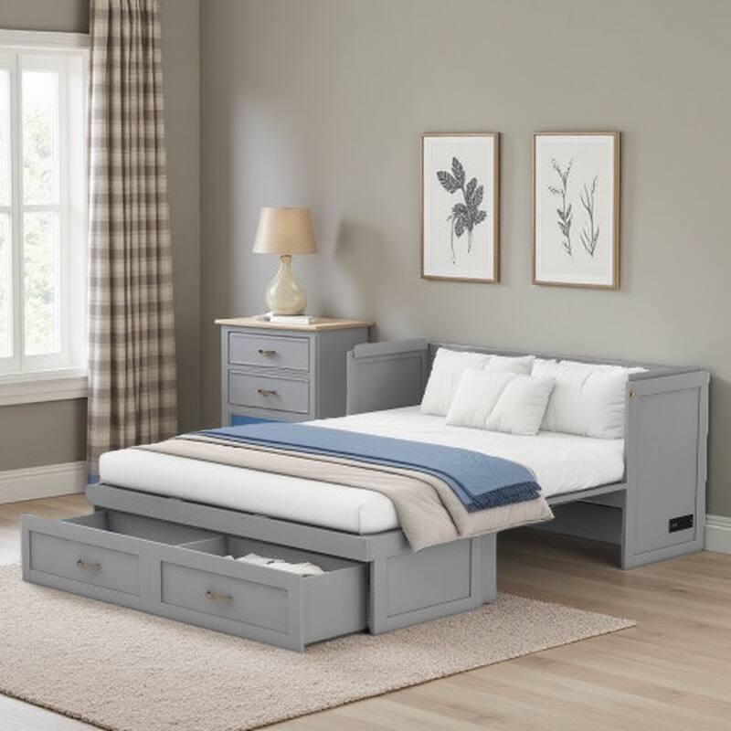 Queen Size Solid Wood Murphy Bed with USB Charging Ports, Large Storage Drawers, Metal Handles, Space-Saving Design