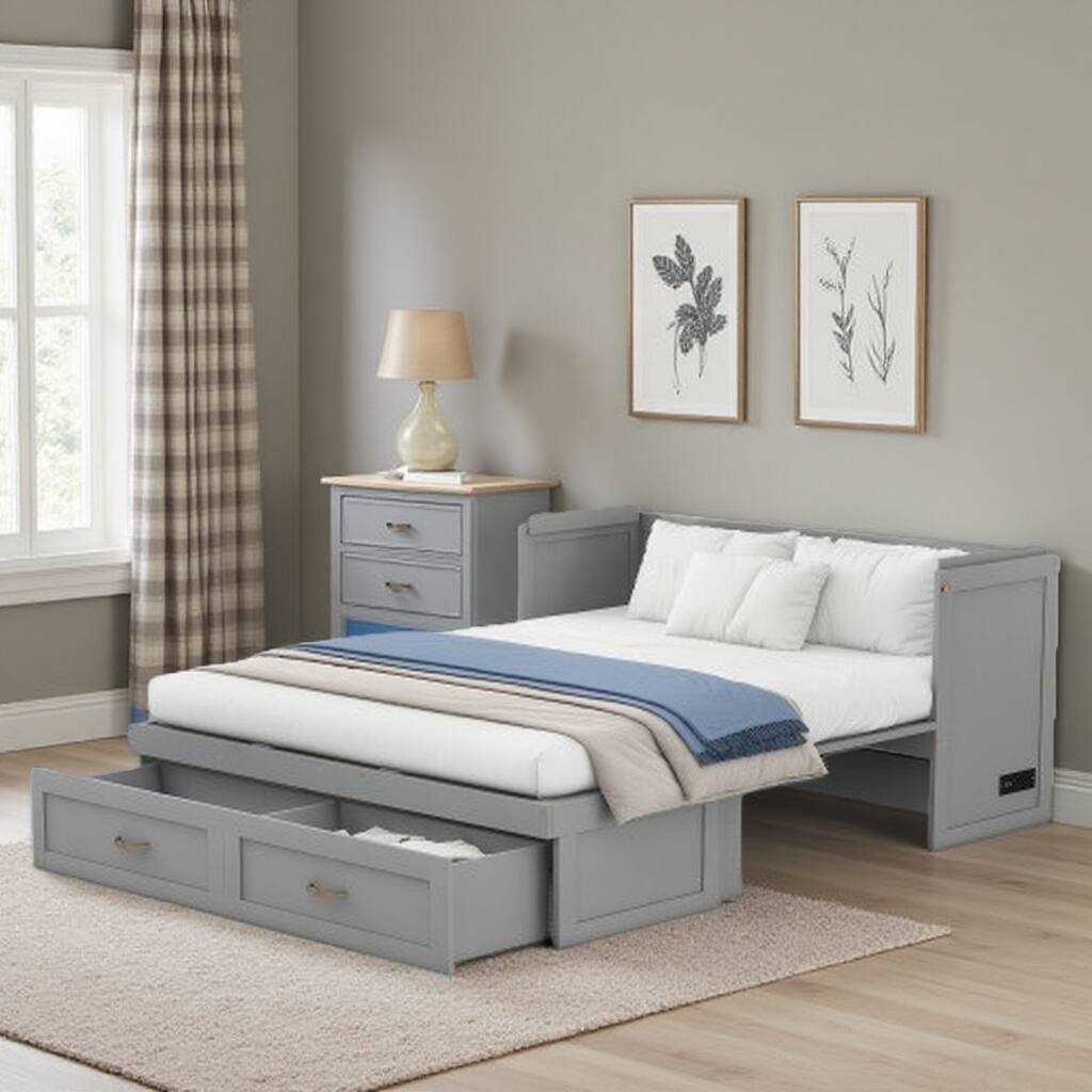 Queen Size Solid Wood Murphy Bed with USB Charging Ports, Large Storage Drawers, Metal Handles, Space-Saving Design