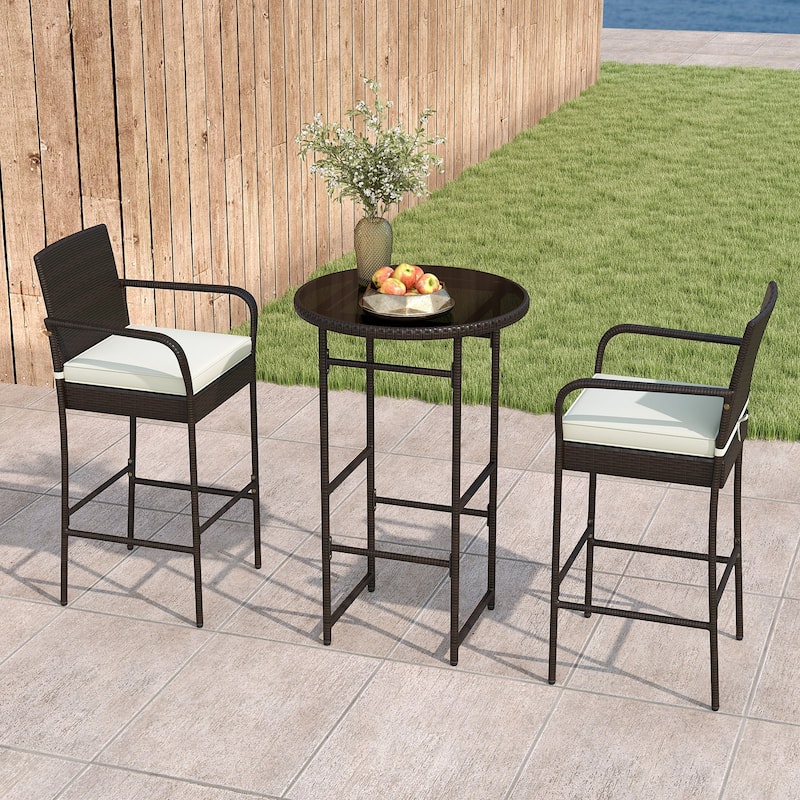 Outdoor 3-Piece Wicker Patio Bar Set with 2 Cushioned Barstools and Tempered Glass Table - 20.5" W x 19.5" D x 44" H