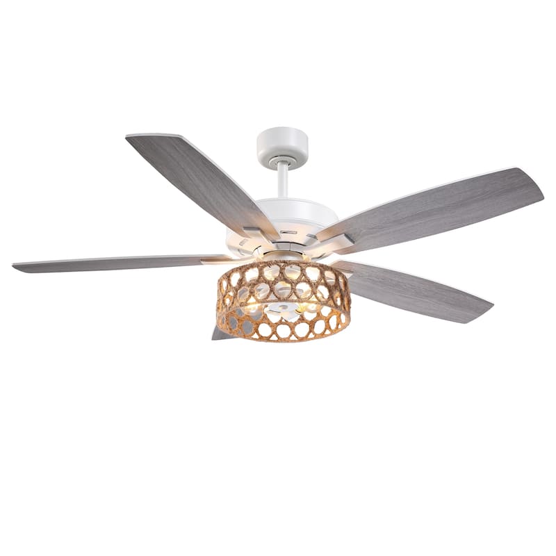 52" Bohemian White 5-Blade Natural Jute Ceiling Fan with Light Kit and Remote