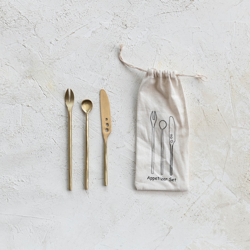 Brass Appetizer Cutlery Kitchen Set with Printed Drawstring Bag - 5.9"L x 0.6"W x 0.1"H - 5.9"L x 0.6"W x 0.1"H