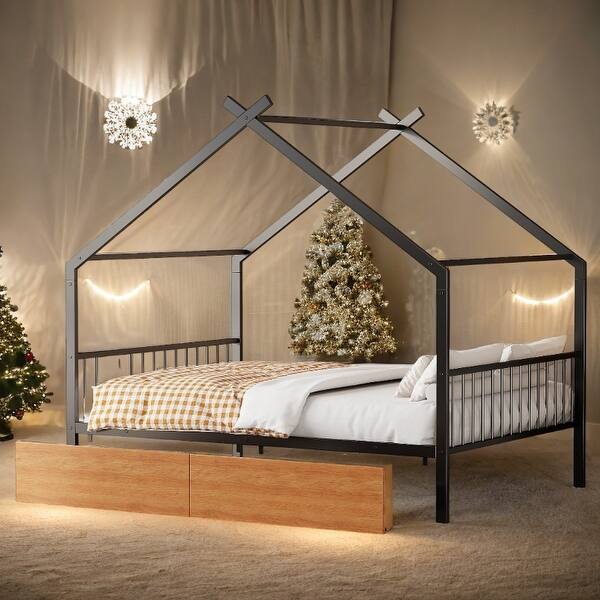 slide 2 of 30, Metal Full Size House Bed with Two Drawers Black