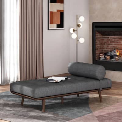 Modern Blending together button-tufted upholstery with a stunning wood frame and iconic splayed legs