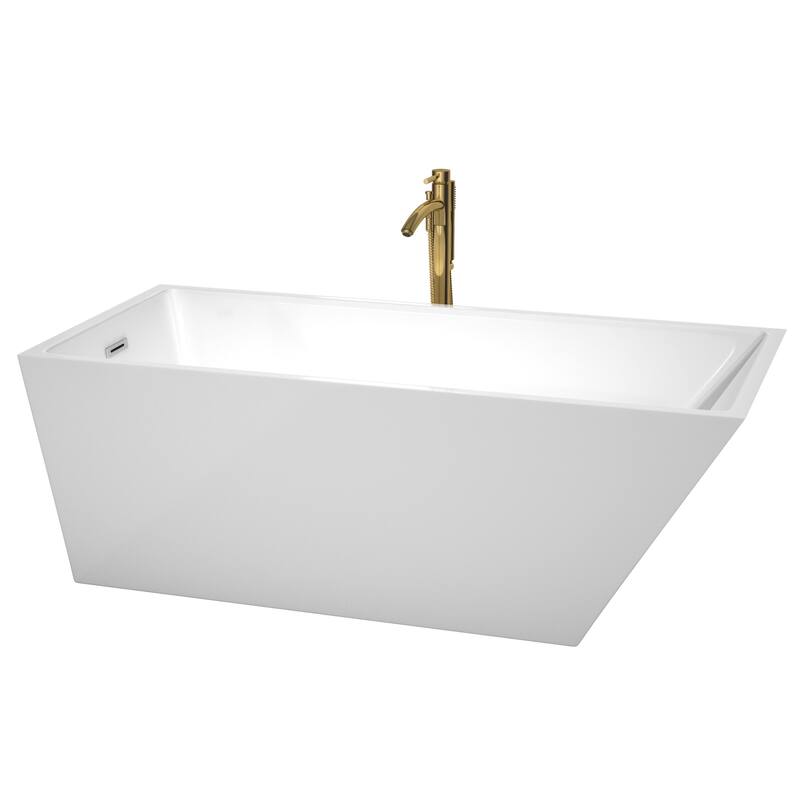 Wyndham Collection Hannah 67" Freestanding Soaking Tub with Tub Filler - White / Polished Chrome Trim / Brushed Gold Faucet