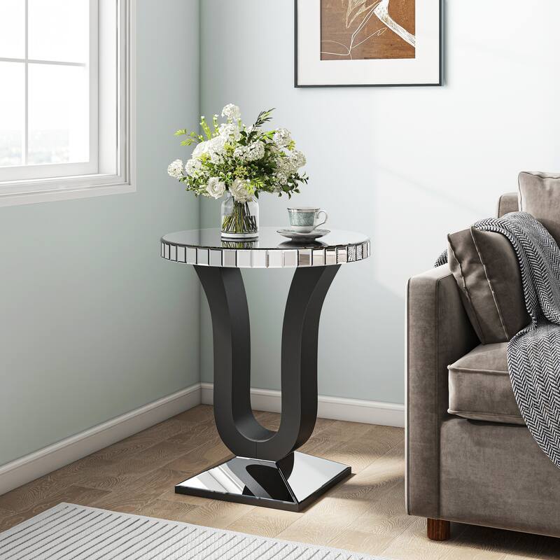 Modern Mirrored Side Table with Black Wood Base - Silver