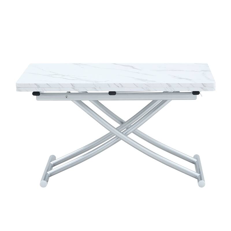 Roomfitters Lift Top Table with 0.8" MDF Surface and Silver Metal Legs, Modern Desk for Dining or Work Use, White+Silver