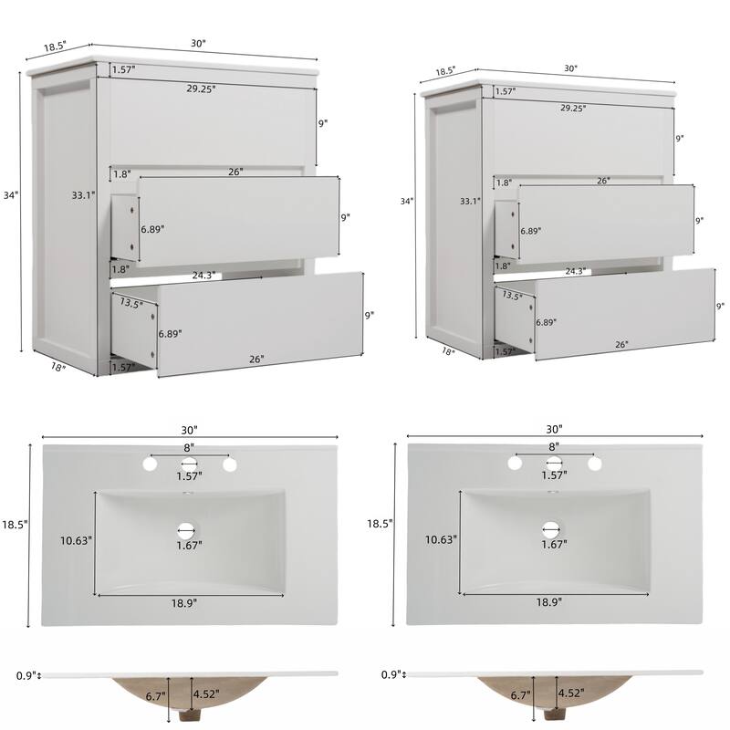 30"/60" Bathroom Vanity Set, Freestanding Bathroom Vanity Cabinet with Ceramic Sink Basin & Drawers