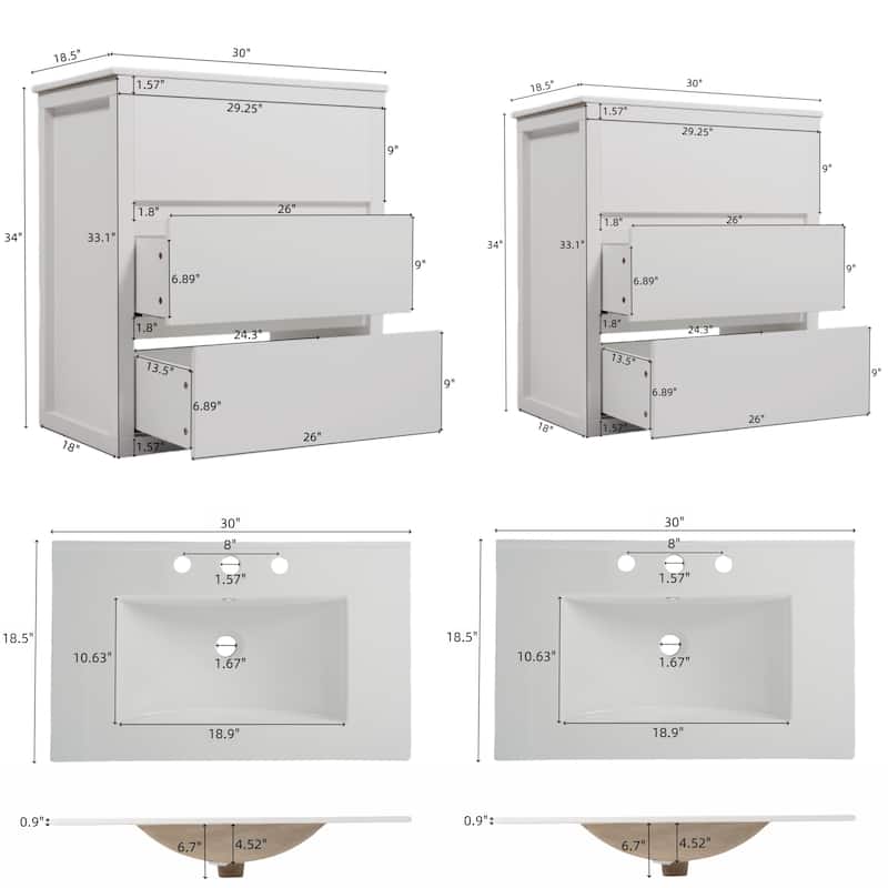 60" Double Sink Bathroom Vanity Set with Two 30" Cabinets, Ceramic Sinks, Soft Close Drawers