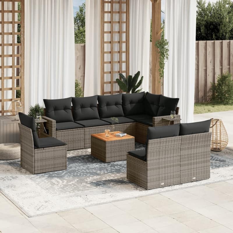 vidaXL Garden Sofa Set 9 Piece with Cushions Outdoor Sofa Set Poly Rattan - Grey - 24.4 x 24.4 x 27.2 in. (W x L x H)