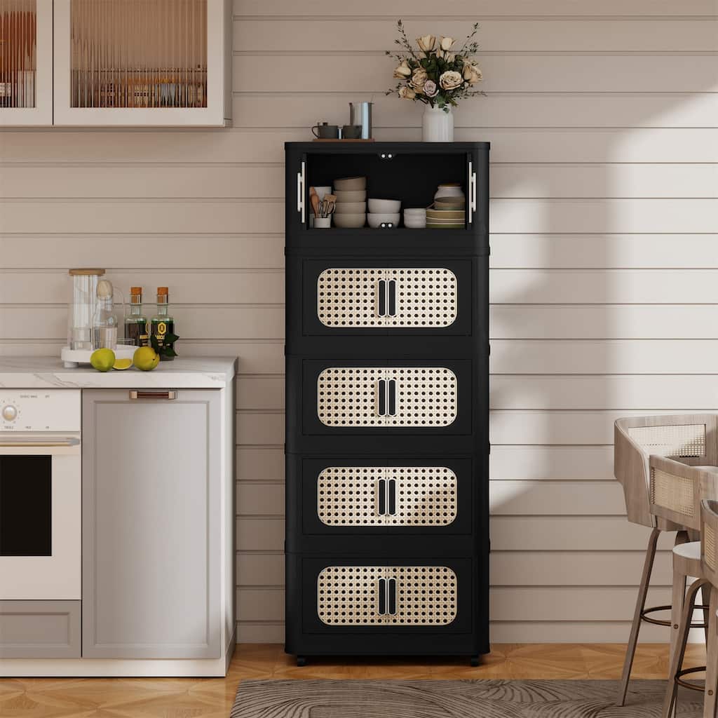 5-Tier Retro Black 20" Side Wide Folding Storage Cabinet