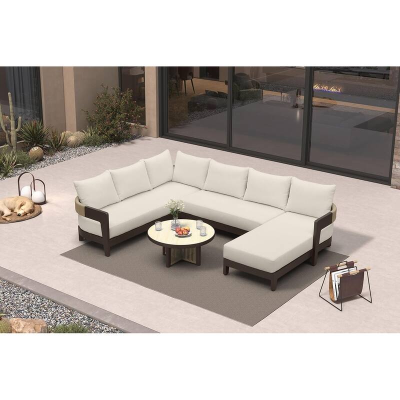 PURPLE LEAF Modern Aluminum Sectional Sofa with 7.87" Cushions for Yard Porch Deck Outdoor Conversation Sets - 5-Seat w/ Ottoman - L-Shaped-Left