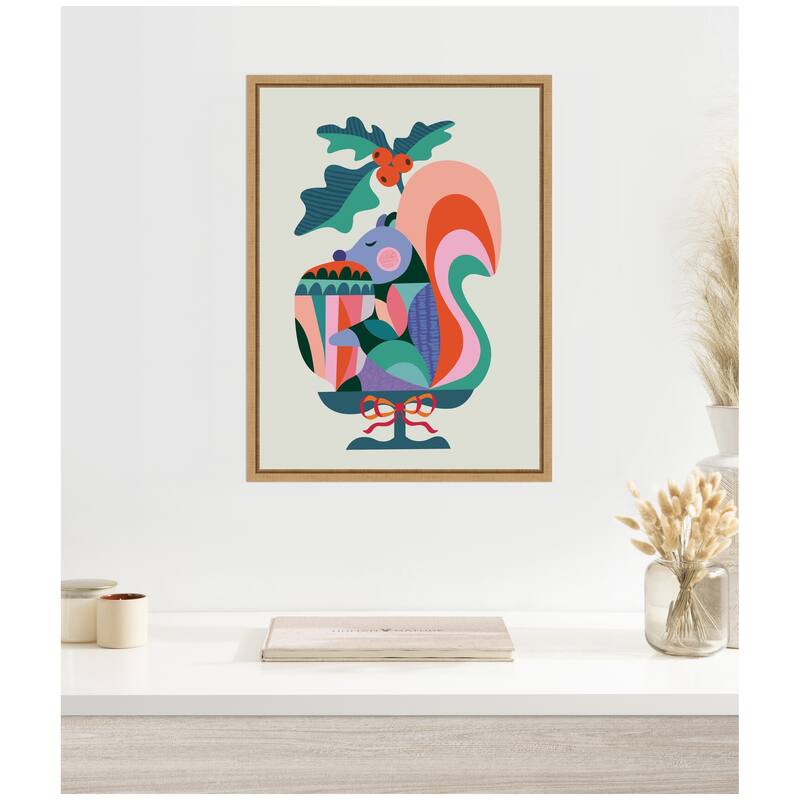 Kate and Laurel Sylvie Framed Canvas Winter Squirrel Christmas Present by Rachel Lee