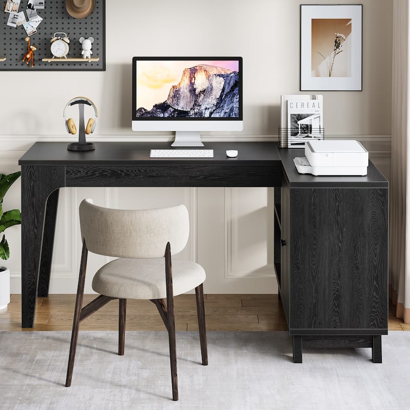 L-Shaped Desk with Storage Cabinet, 57-Inch Wood Corner Workstation