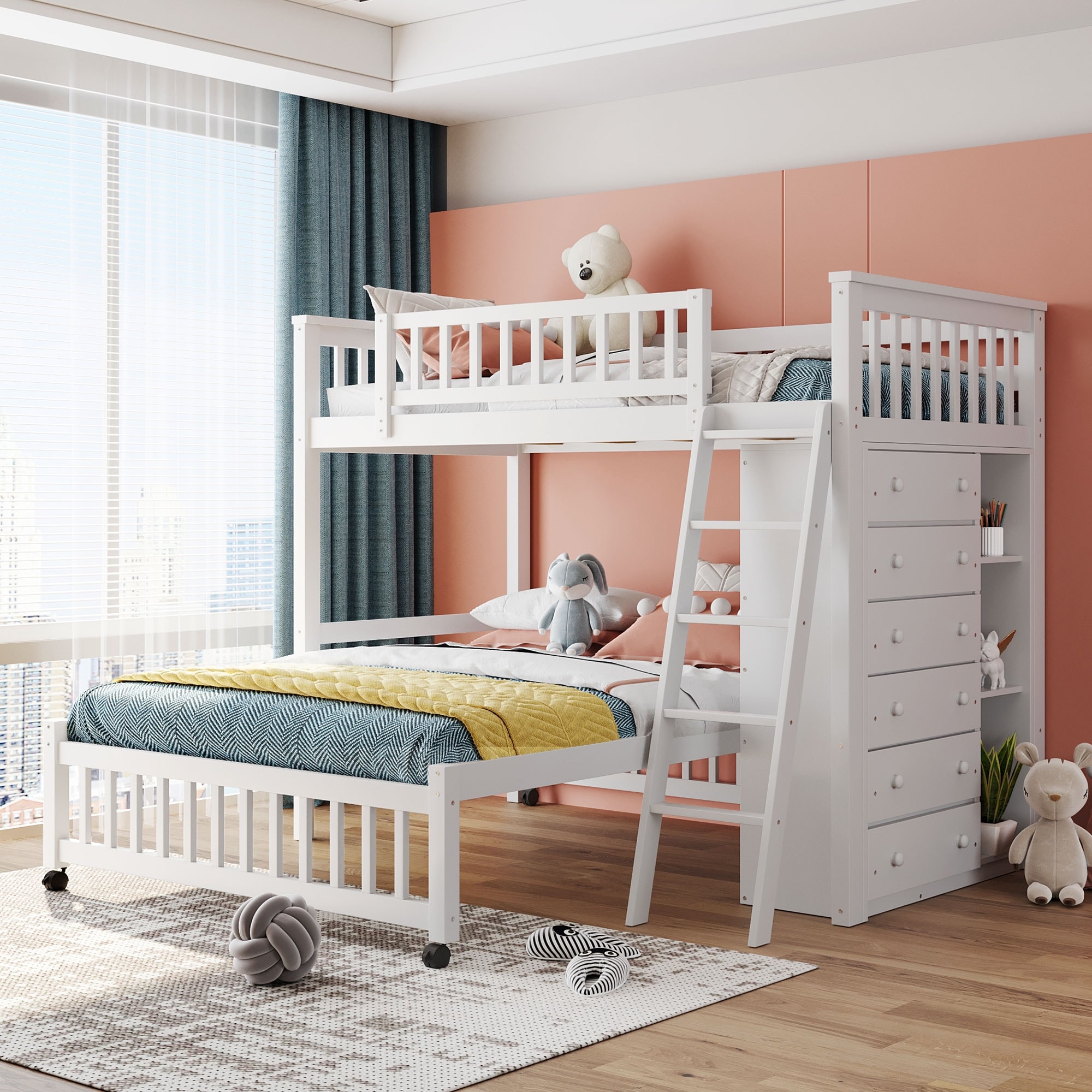 Twin over Full Size Wood Bunk Bed with 6 Drawers and Adjustable Storage Shelves Movable Bottom Platform Bed with Wheels