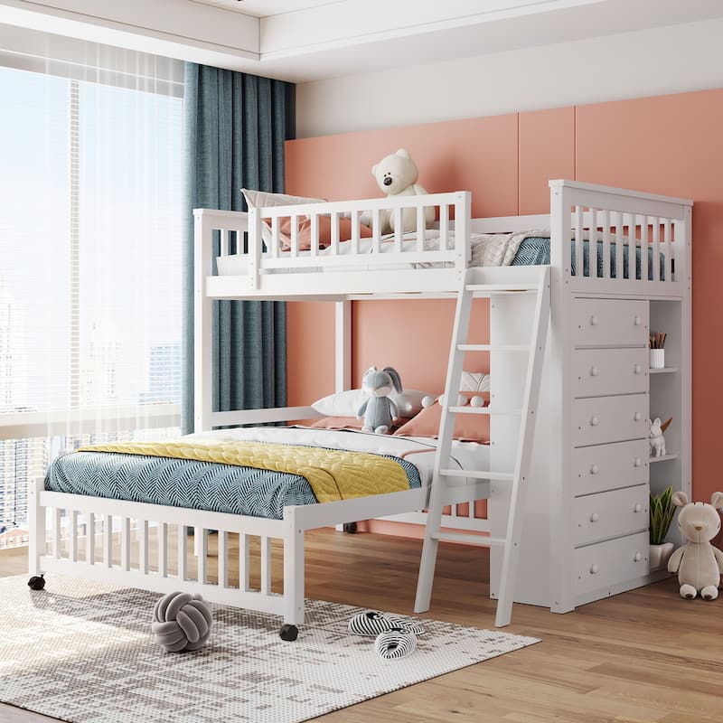 Twin Over Full Wood Bunk Bed with Six Drawers and Shelves - White