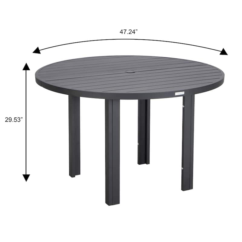 Round Dining Table Powder-Coated Aluminum Top with Slatted Design and Umbrella Hole for Family Gatherings & Parties