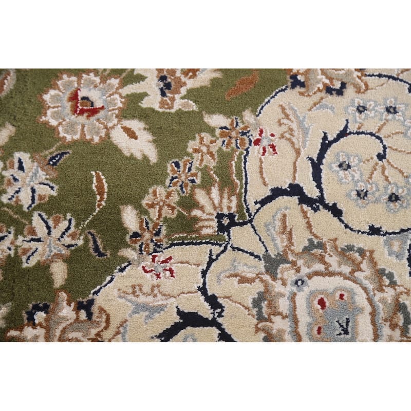 Traditional Green Kashan Oriental Area Rug Floral Wool & Silk Carpet - 9'0"x 12'0"