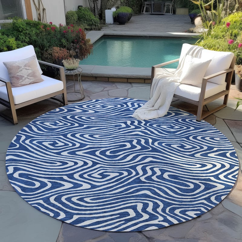 Machine Washable Indoor/ Outdoor Abstract Modern Chantille Rug - Navy - 8' x 8'