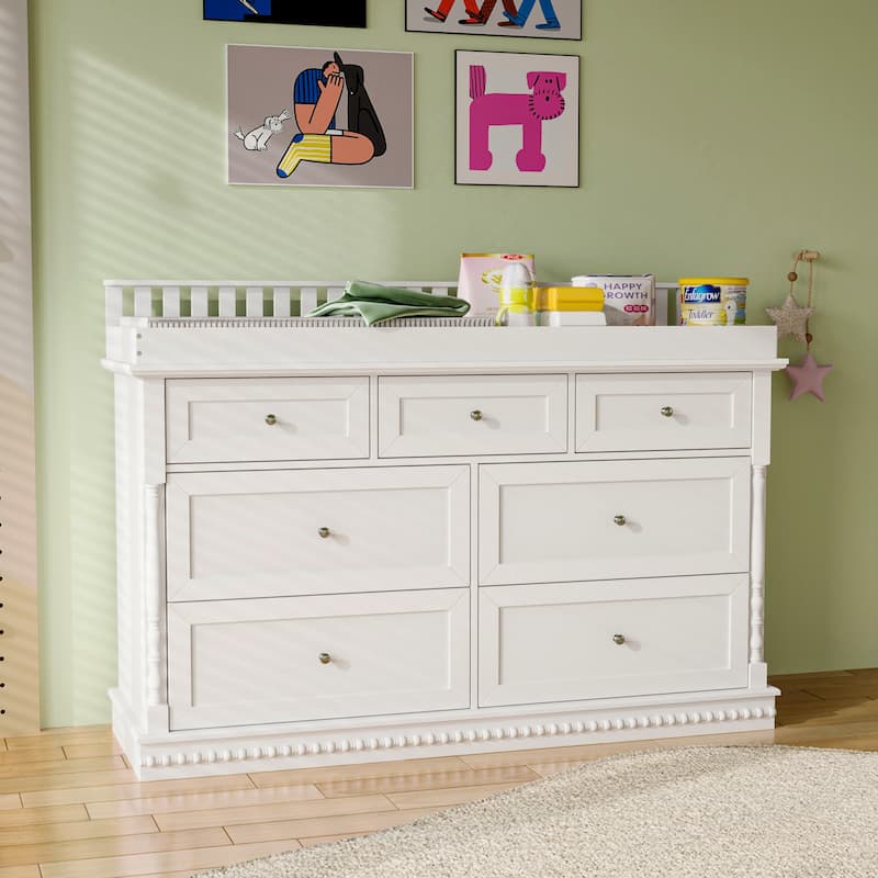 Chest Nursery Dresser Changing Table Top – 7-Drawer Baby Storage Organizer for Diapers and Clothes