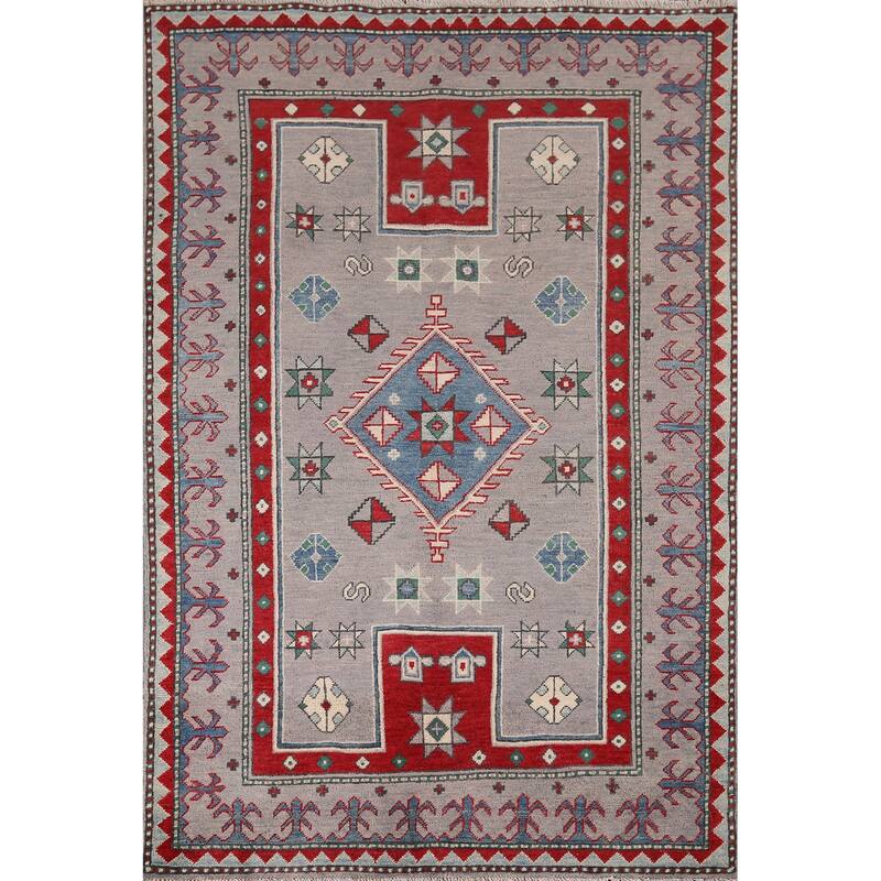 Hand Knotted Oriental 100% Wool Carpet Traditional Geometric Greys & Charcoal Kazak Area Rug - 6' 0'' X 4' 2''
