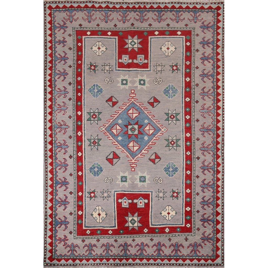 Hand Knotted Oriental 100% Wool Carpet Traditional Geometric Greys & Charcoal Kazak Area Rug - 6' 0'' X 4' 2''