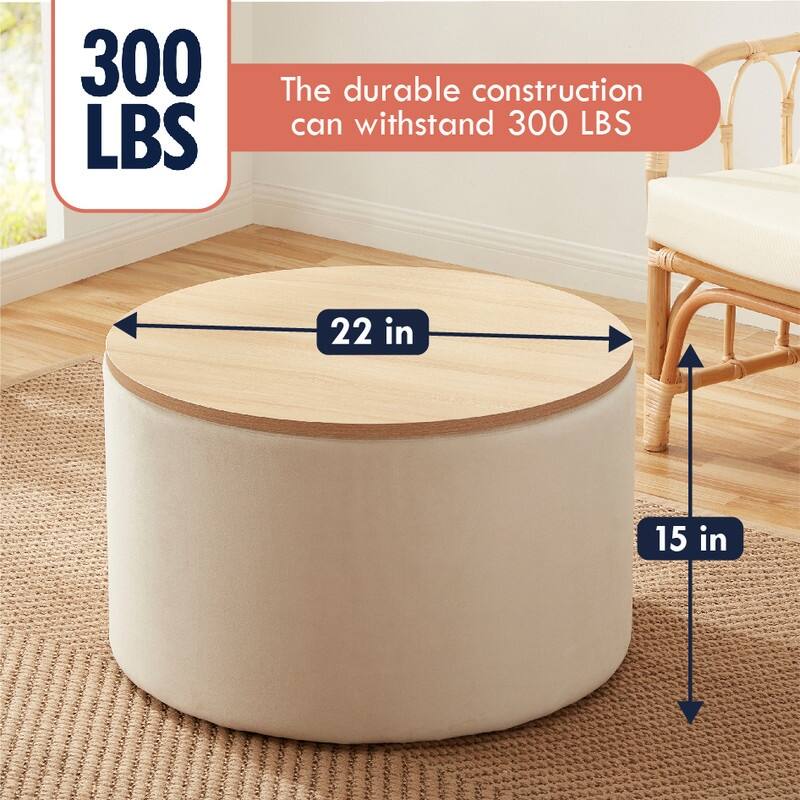 Parker Large Round Storage Coffee Table Ottoman with Wooden Lift Off Lid