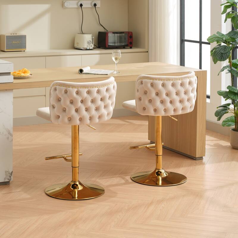 Swivel Barstools Adjusatble Seat Height With Gold-plating Base, Classic Velvet Upholstered Bar Stools with the whole Back Tufted