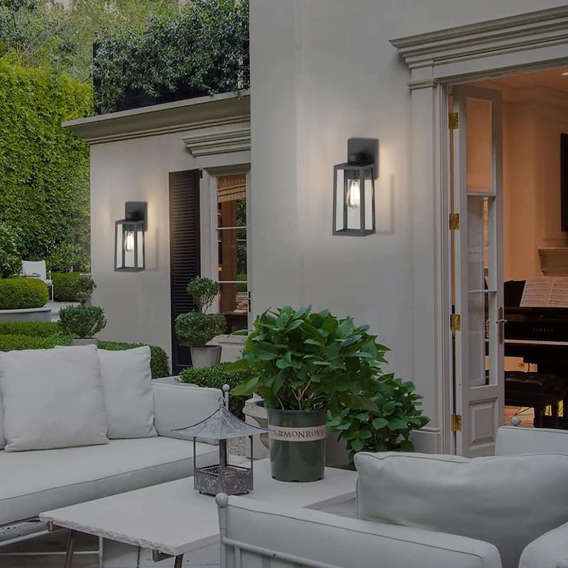13.5" Outdoor Wall Light with Rising Sun Black Finished and Trapezoid Shade