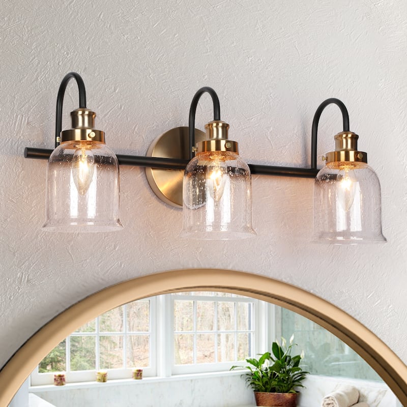 Mid-Century Modern Black Gold 2/3/4-Light Bathroom Vanity Light Seeded Glass Wall Sconces - 3-Light