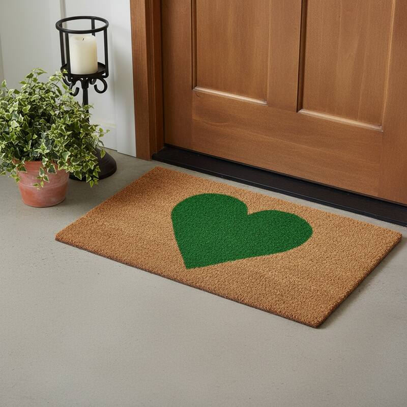 HomeRoots 17" X 29" Brown And Green Heart Outdoor Coir Door Mat - 17.00' X '29.00 - 17.00' X '29.00