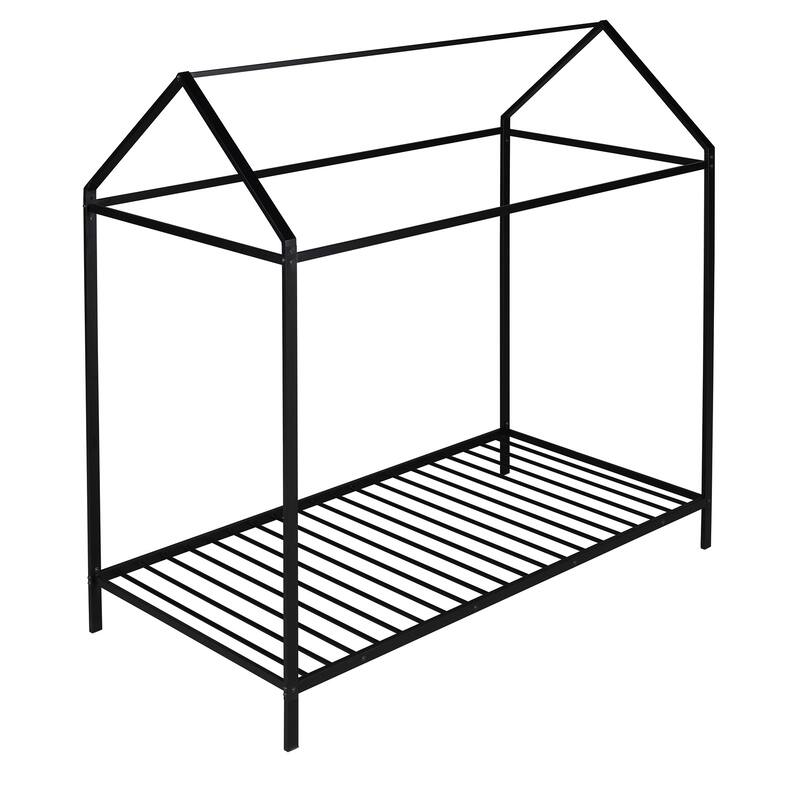Twin Size Metal House Bed Frame for Kids, No Box Spring Needed, Black