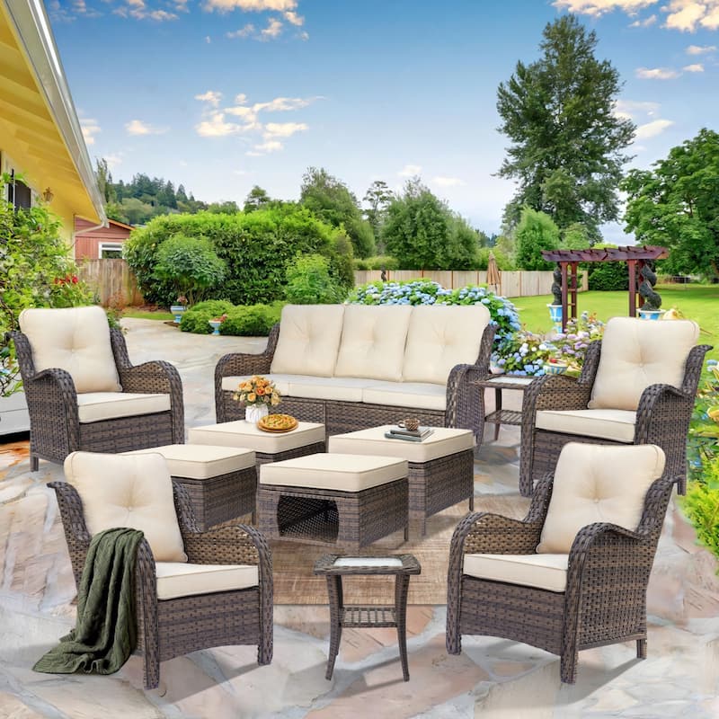 Outdoor Patio Furniture Set-Rattan Outdoor Furniture Set with Cushion - 11 Seat - Cream