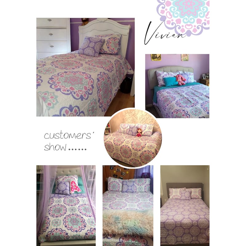 Vivian Lilac Medallion Cotton Reversible Quilt Set with Throw Pillow